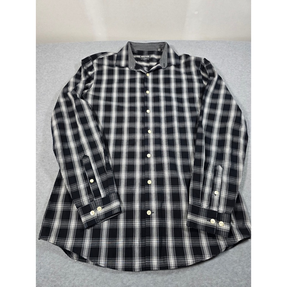 Kenneth Cole Reaction Mens 16 34-35 Slim Fit Plaid Button Down Shirt Black White